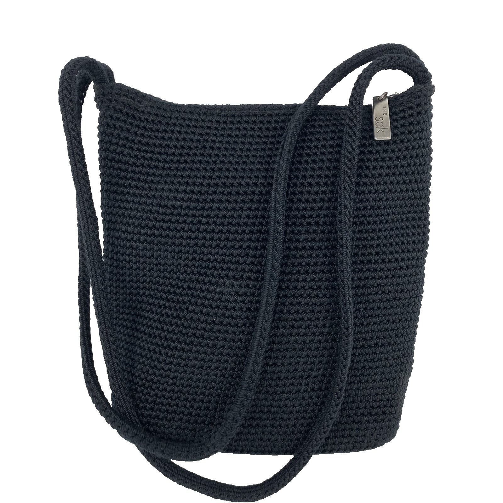 The Sak Crochet Shoulder Bag Black Double Straps Purse Satchel Zip Top Medium Lg